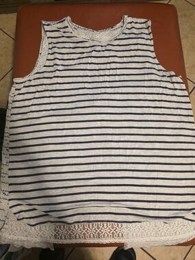 Sleeveless Striped Lace-Trim Top - White & Navy